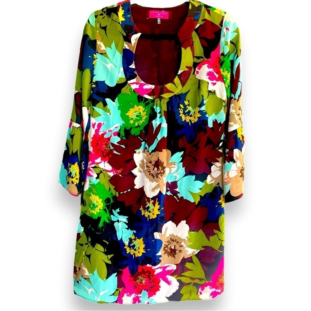Trina Turk 100% Silk Mini Floral Dress Bell Flare Sleeves Retro Inspired Boho